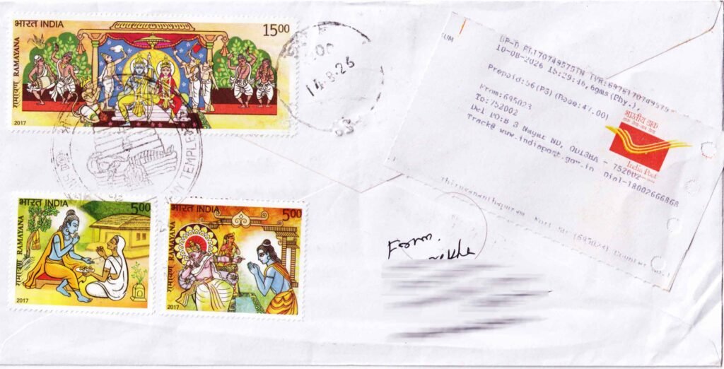 Reverse of the travelled cover showing Ramayana stamps and Speed Post postal markings from Thiruvananthapuram.
