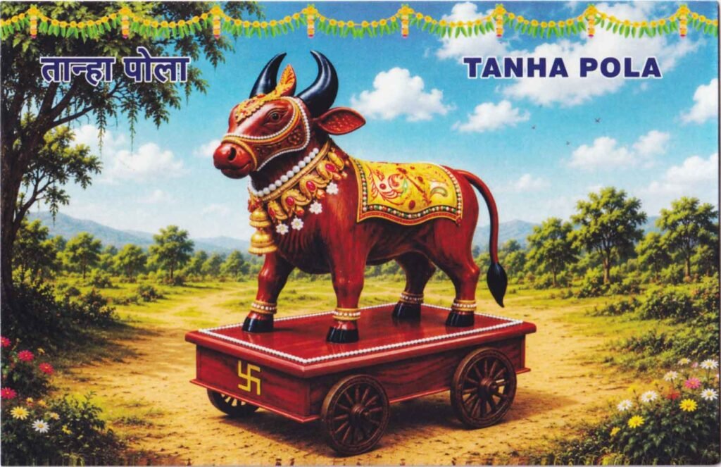 Colourful Picture Postcard issued for Tanha Pola 2026, depicting the traditional decorated bull on a wheeled platform.