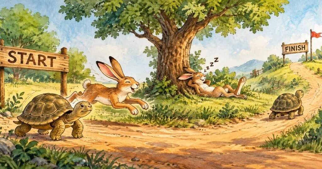 The Tortoise and the Hare — a classic fable retold through Indian pictorial postmarks.